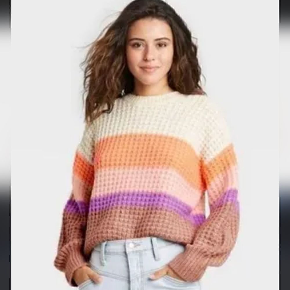 Take 50% OFF- Universal Thread Chunky Knit Striped Ballon Sleeve Sweate, Size-M